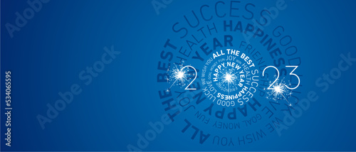 Happy New Year 2023 modern circle word cloud text with sparkle firework white blue greeting card