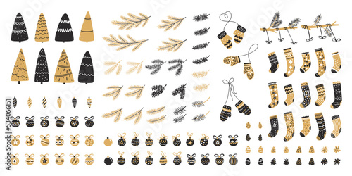 Set of Christmas decor for typographic design. Christmas trees, balls, socks, pine cones and fir branches. Vector illustration in black and gold style