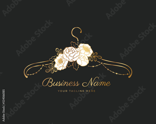 Hanger logo design with white roses and peonies . Element for Atelier, wedding boutique, women's clothing store and fashion designer