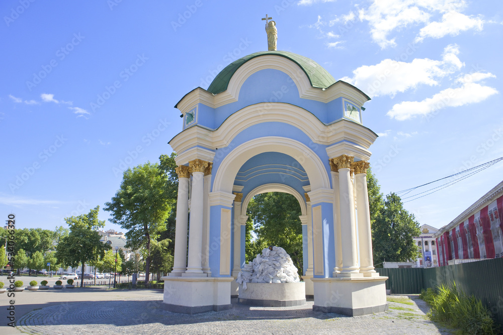 Samson Fountain at war time at Kontraktova Square in Kyiv, Ukraine