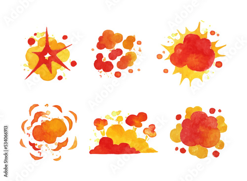 Explosions set. Abstract watercolor splashes cartoon vector illustration