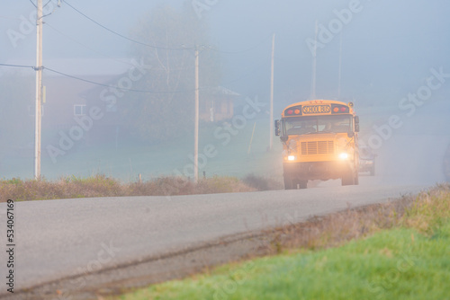 School bus in early morning fog