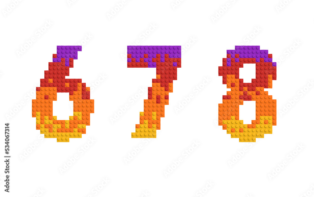 set of letters and number made of multicolored bricks. 3d alphabet, six, seven, eight