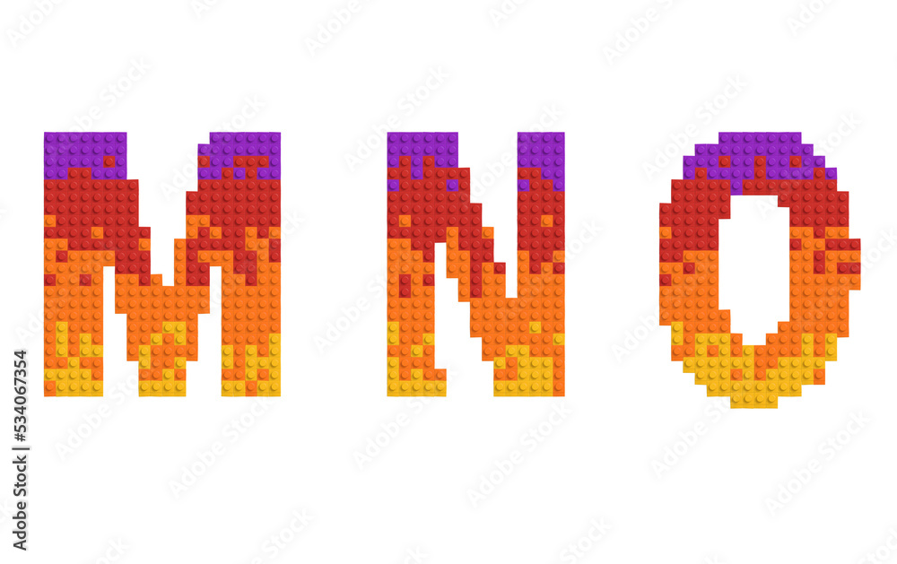 set of letters and number made of multicolored bricks. 3d alphabet, letters M N O set of letters and number made of multicolored bricks. 3d alphabet, letters M N O