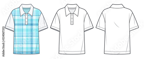 Unisex Polo Shirt technical fashion Illustration, plaid design. Polo Shirt fashion flat sketch template, short sleeve, collar, buttons, oversize, front and back view, white, CAD mockup set.