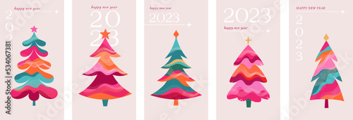 Colorful Christmas Trees Happy New Year 2023 Greeting Card Templates