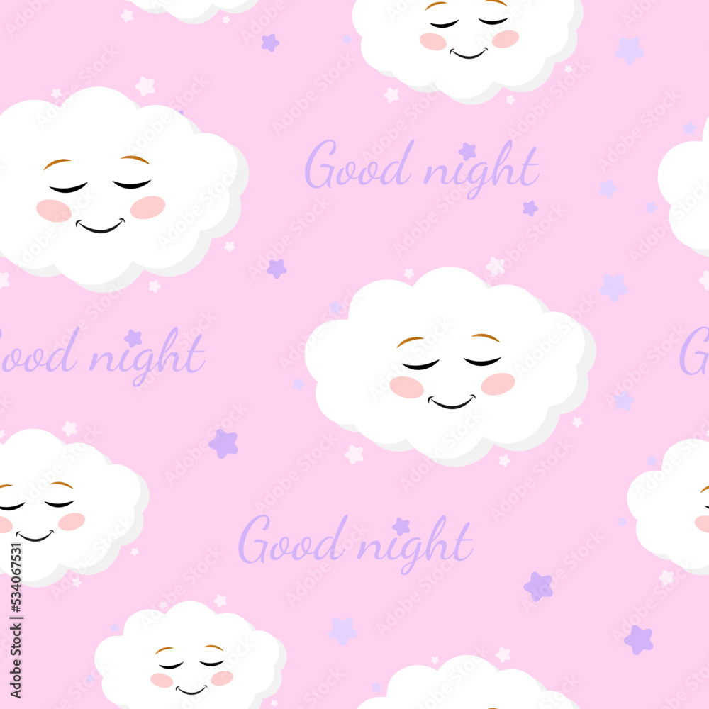 Cute Simple Seamless Patterns with White Fluffy Smiling Clouds on a Light Pink Background. Simple Nursery Art for Baby Girl. Print with Clouds Isolated on a Pink background.