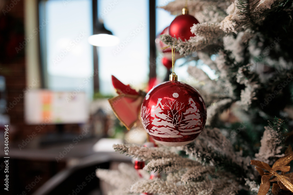 Festive christmas tree in empty business office, decorated with ...