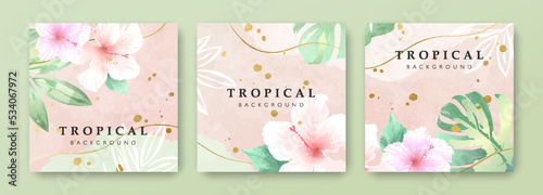 Tropical background set decorated with hibiscus flowers and tropical leaves on light green and pink background. Template for fashion ads, square poster and social media