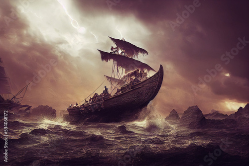 Viking`s battle ship Drakar in the middle of stormy sea.