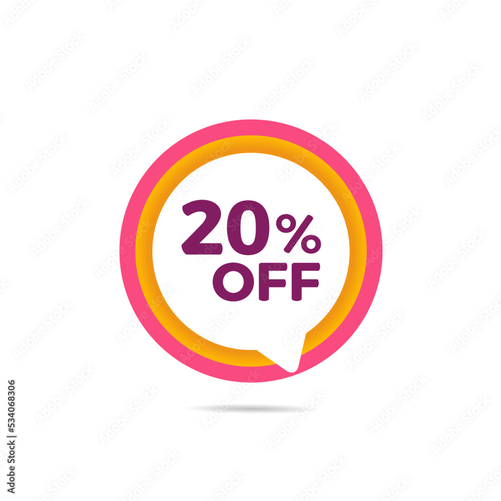 20% off, colorful balloon on white background with discount tag for promotion and offers