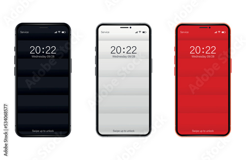 Different Variations Minimalist Red Black Light Grey 3D Smooth Blurred Lines Wallpaper Set On Photo Realistic Cell Phone Screen Isolated On White. Various Vertical Abstract Screensavers For Smartphone