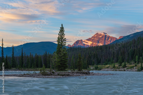 Athabasca river at sunrise with pine tree island and Mount Edith Cavell, Jasper national park, Alberta, Canada.