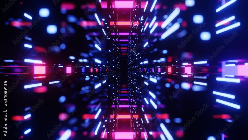 Fly through mirror designs form tunnel technology cyberspace with neon glow. Sci-fi flight through design complexity. Neon light. 3d looped seamless 4k bright background.