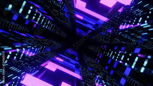 Fly through mirror designs form tunnel technology cyberspace with neon glow. Sci-fi flight through design complexity. Neon light. 3d looped seamless 4k bright background. photo