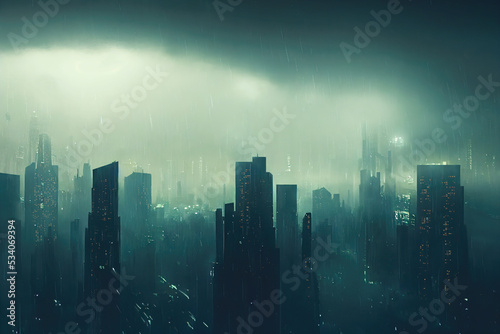 Illustration of a Dystopian futuristic megacity  a dark cityscape  a place characterized by rampant fear or distress. 