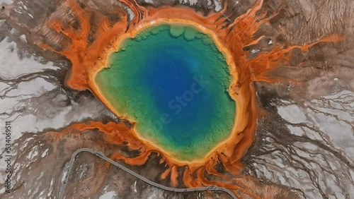 Grand Prismatic Spring view at Yellowstone National Park. Aerial scenic 4k video. Midway Geyser Basin, Yellowstone National Park, Wyoming, USA photo