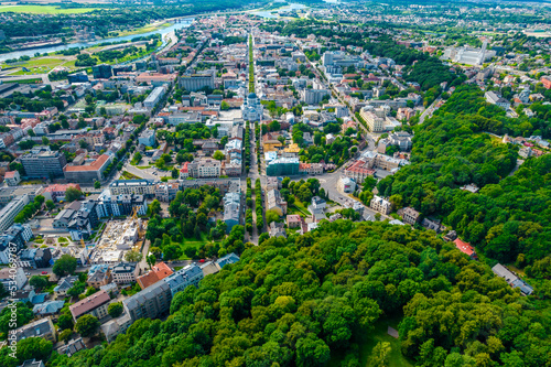 Aerial landscape of Kaunas newer city center part and Laisves Aleja, literally Liberty Boulevard or Liberty Avenue, is a prominent pedestrian street