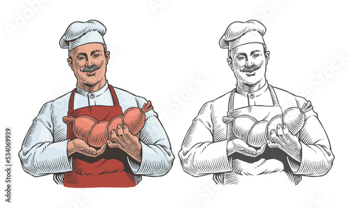Butcher holds a sausage isolated on white background. Meat factory production man worker portrait. Chef in uniform and apron. Engraving style vector illustration. Good for a label or packaging design.