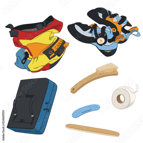 Vector illustrations of bouldering and climbing gear, including chalk bag, shoes, crash pad, brush, tape, bandage, and nail file.