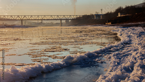 Autumn ice drift on the Lena River in the city of Ust-Kut, Irkutsk region. photo