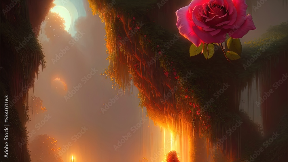 Fototapeta premium Fantasy landscape, majestic garden with roses. 3D illustration