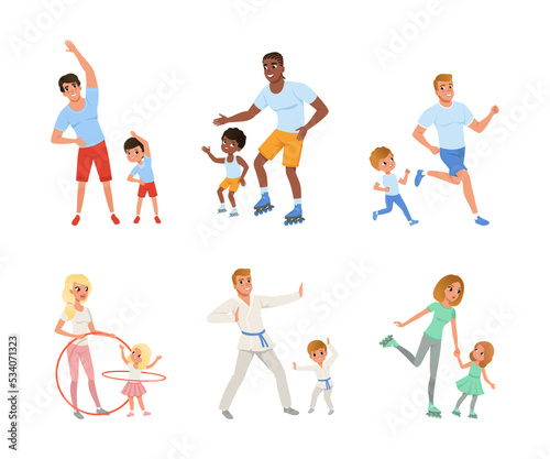 Parents and kids doing sports together set, Mom and dad running, rollerblading, spinning hula hoop, doing karate, rollerblading with their children cartoon vector illustration