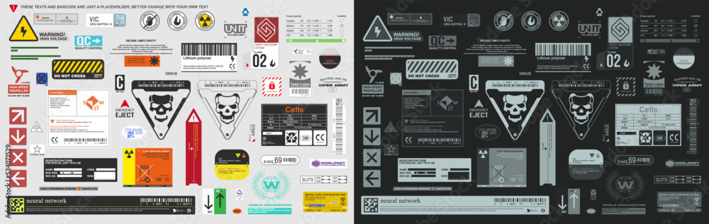 Industrial sci fi decal, or warning label sign for hard surface render vector collection - obrazy, fototapety, plakaty 