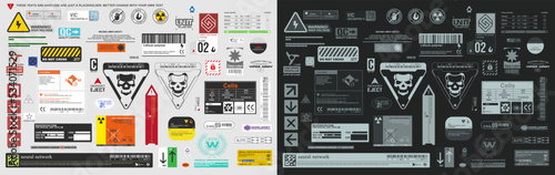 Industrial sci fi decal, or warning label sign for hard surface render vector collection photo