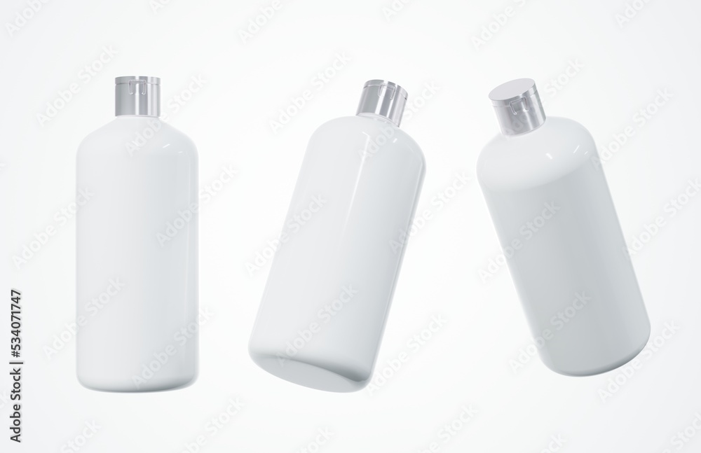 Different views of plastic shampoo bottle 3D render isolated on white background, cosmetic hair care product design concept and branding ready mockup Different views of plastic shampoo bottle 3D render isolated on white background, cosmetic hair care product design concept and branding ready mockup