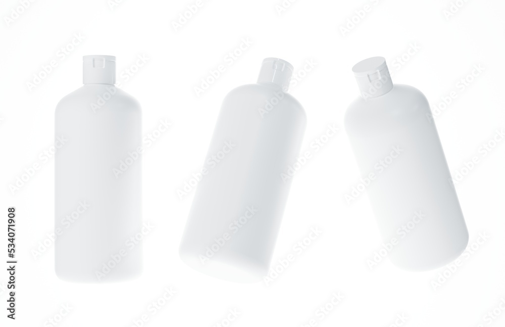Different views of plastic shampoo bottle 3D render isolated on white background, cosmetic hair care product design concept and branding ready mockup Different views of plastic shampoo bottle 3D render isolated on white background, cosmetic hair care product design concept and branding ready mockup