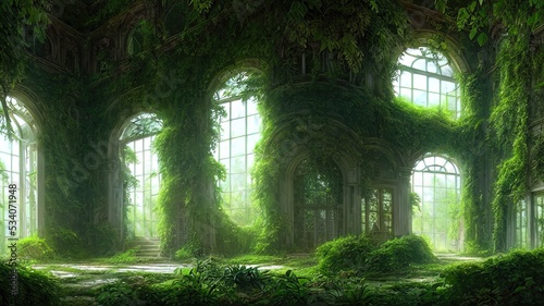 A garden in a majestic architectural building with large stained glass windows and arches. Mystical and mysterious rooms in green plants. Fantasy interior  exterior inside the building. 3D 