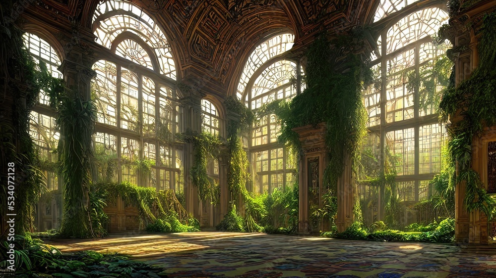 A garden in a majestic architectural building with large stained glass windows and arches. Mystical and mysterious rooms in green plants. Fantasy interior, exterior inside the building. 3D A garden in a majestic architectural building with large stained glass windows and arches. Mystical and mysterious rooms in green plants. Fantasy interior, exterior inside the building. 3D