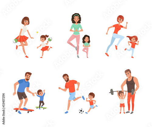 Parents and kids doing sports together set  Mom and dad playing table tennis  soccer  doing yoga  jogging  skateboarding  powerlifting with their children cartoon vector illustration