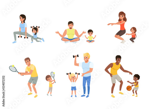 Parents and kids doing sports together set  Mom and dad playing tennis  basketball  doing yoga  exercising with dumbbells with their children cartoon vector illustration