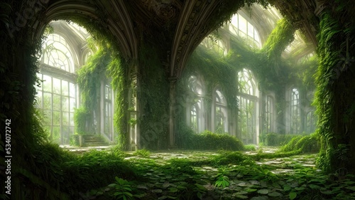 A garden in a majestic architectural building with large stained glass windows and arches. Mystical and mysterious rooms in green plants. Fantasy interior  exterior inside the building. 3D 