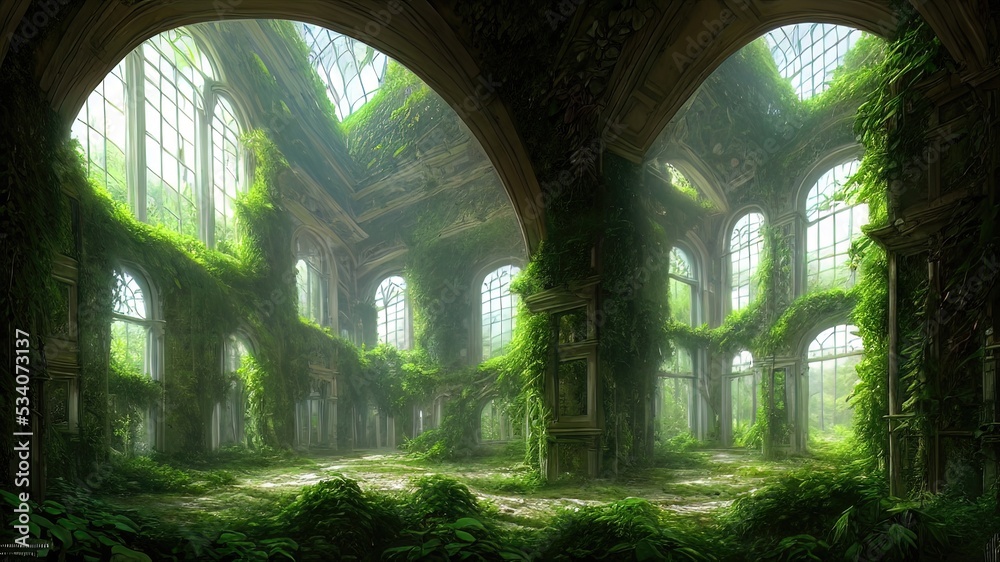 A garden in a majestic architectural building with large stained glass windows and arches. Mystical and mysterious rooms in green plants. Fantasy interior, exterior inside the building. 3D A garden in a majestic architectural building with large stained glass windows and arches. Mystical and mysterious rooms in green plants. Fantasy interior, exterior inside the building. 3D