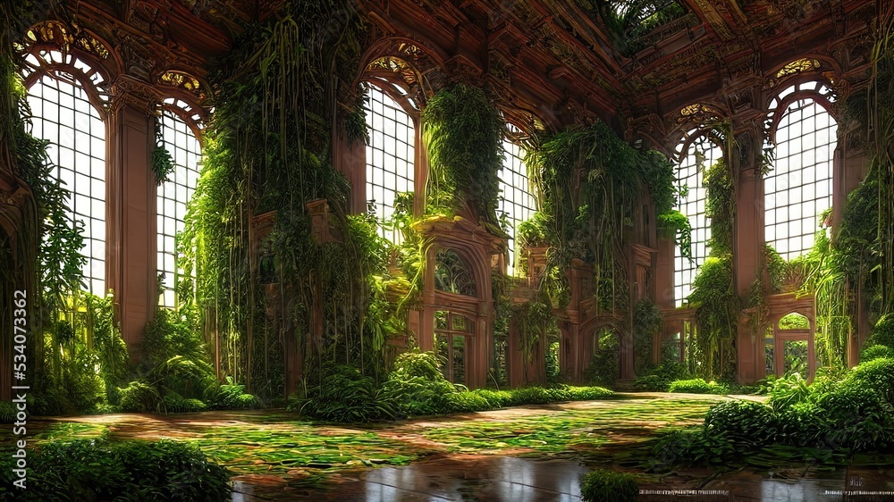 A garden in a majestic architectural building with large stained glass windows and arches. Mystical and mysterious rooms in green plants. Fantasy interior, exterior inside the building. 3D 