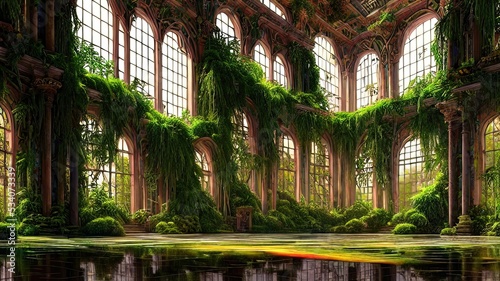 Wallpaper Mural A garden in a majestic architectural building with large stained glass windows and arches. Mystical and mysterious rooms in green plants. Fantasy interior, exterior inside the building. 3D  Torontodigital.ca