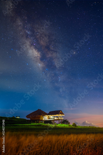 landscape of bamboo hut on terraced paddy rice field in starry night sky,Pa Pong Piang village, Chiang mai, Thailand