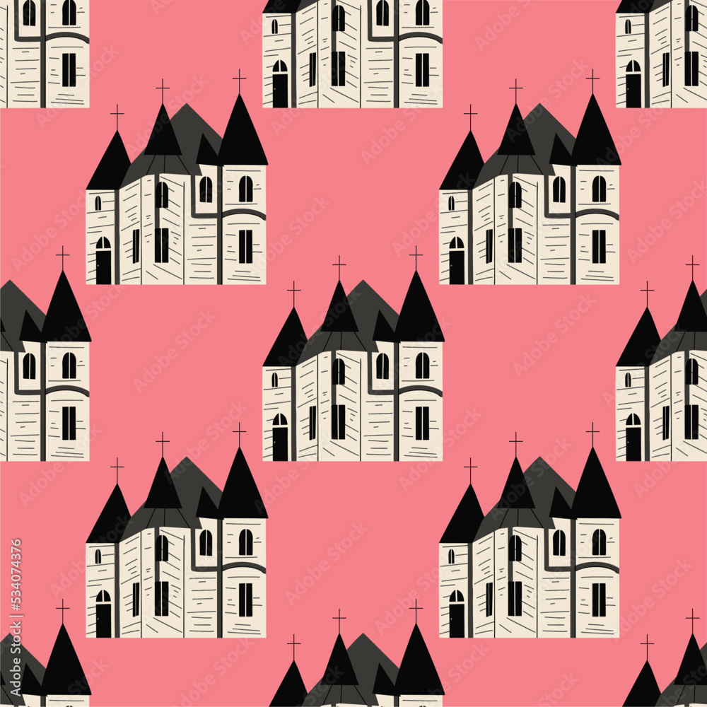 Gothic white castle on pink. Happy Halloween. Halloween vector illustration. Vector cartoon, seamless pattern.