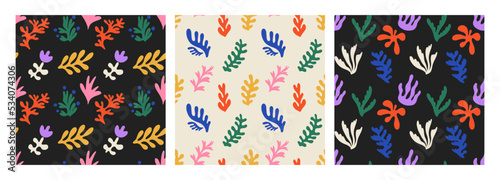Abstract creative seamless patterns with colorful plants, set. Modern cartoon design for paper, cover, fabric, interior decor and other users.