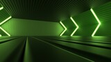 Green neon laser led lights on Sci-Fi futuristic modern spaceship in dark tunnel. Deep green corridor hangar garage metal glossy with showroom empty stage. Concept 3D CG of fantastic world.