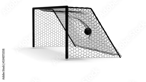 Black Soccer Ball in the Goal Net under white background. 3D illustration. 3D CG. 3D Rendering. High resolution. PNG file format.	