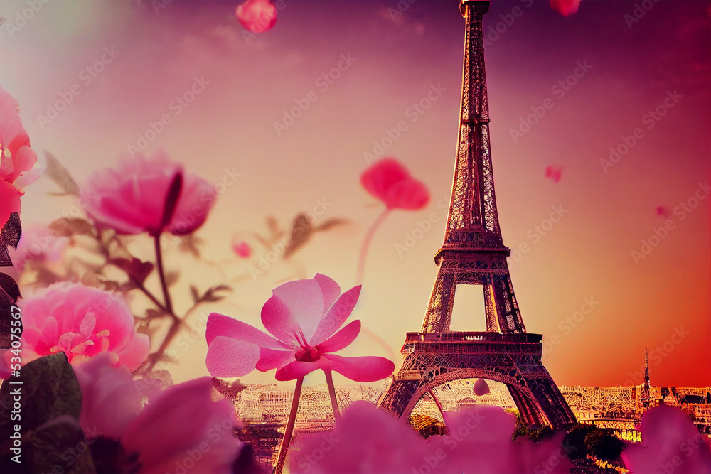 Beautiful view from the pink flower covered  the Eiffel tower and pink sunrise. Digital collage , mural and fresco. Wallpaper. Poster design. Modular panno 3d AI Neural Network Generated Art Wallpaper