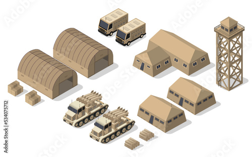 Set of army armed troop isometric armed military transport objects