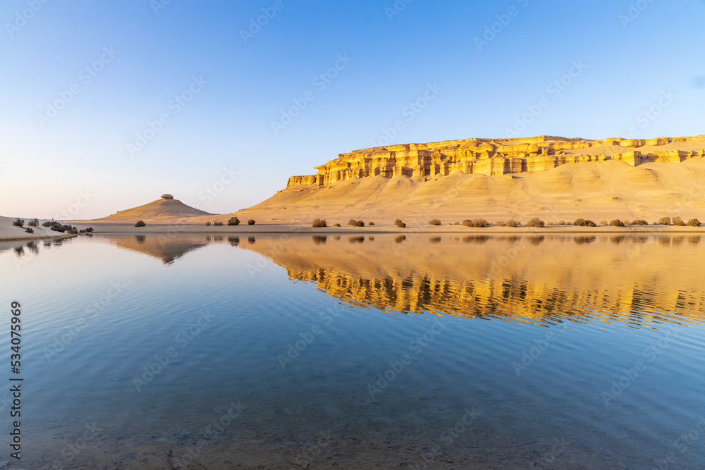 Reflections in Qarun Lake in the desert at Faiyum Oasis.