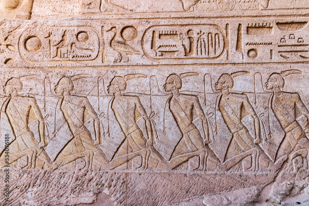Relief mural depicting captured Nubians at the Great Temple of Ramesses II.