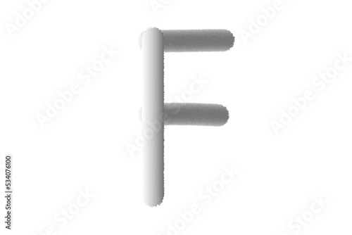Feathered letter F. Easy editable letters. Soft and realistic feathers. White, fluffy, hairy letter F, isolated on a white background.