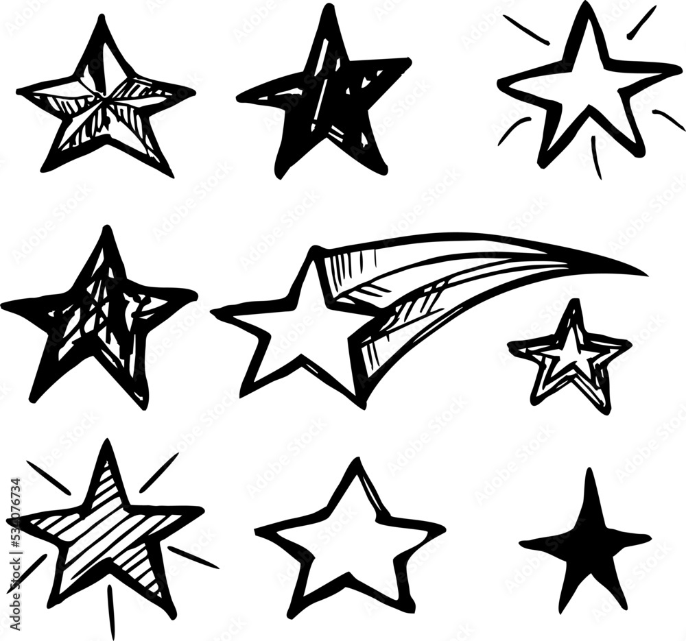 Set of black hand drawn doodle star isolated on paper background. Set of black hand drawn doodle star isolated on paper background.